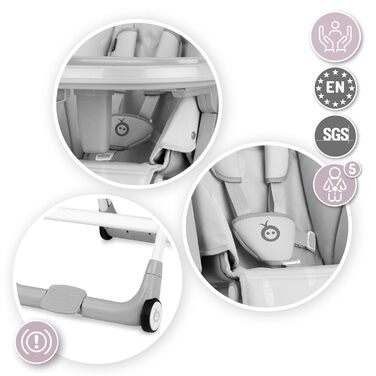 Детский стульчик для кормления с 4 колесами и функцией тормоза от 6 месяцев светло-серый Momi