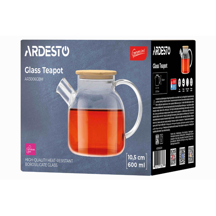 Заварник Ardesto Gemini 600мл, боросиликатное стекло, бамбук, прозрачный