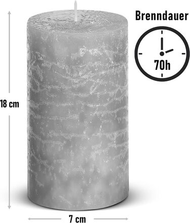 Набір із 4 свічок-стійок Brandsseller 7 x 10 см Однотонні та виготовлені з парафіну Сільські свічки з тривалим часом горіння Декоративні свічки для прикраси столу, Різдва та вечірок (7 x 18 см Набір із 4 шт. , сірі)