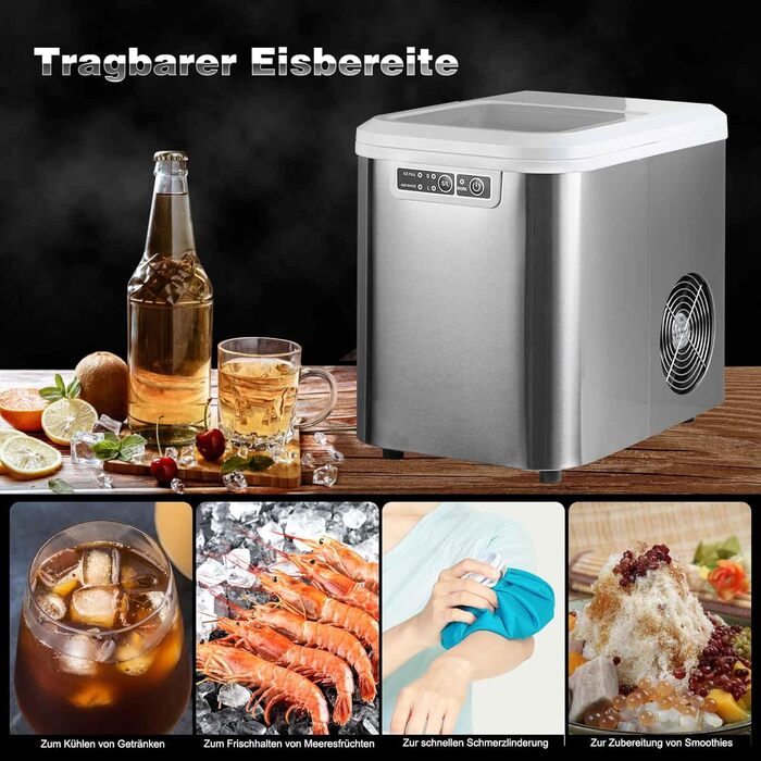 Невеликий льодогенератор WOLTU, 2,2-літровий льодогенератор, самоочисний за 4 хвилини, 2 розміри кубиків льоду, 12 кг льоду за 24 години, льодогенератор для дому, кухні, кемпінгу, автофургона, (сріблястий)