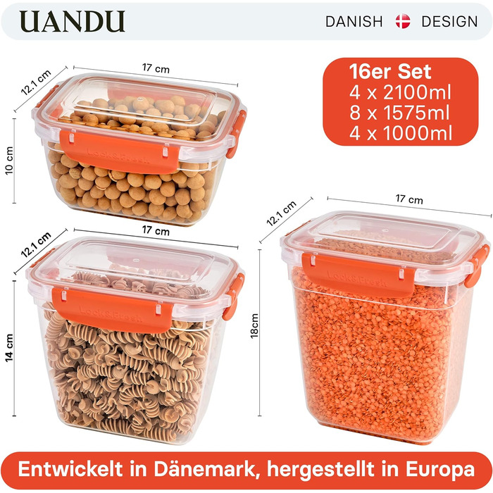 Набір банок для зберігання uandu Lock & Fresh 16, контейнери для зберігання харчових продуктів з кришками для харчових продуктів, мікрохвильова піч і морозильна камера, банки для зберігання з кришками, ящик для зберігання кухні, банки для зберігання герме