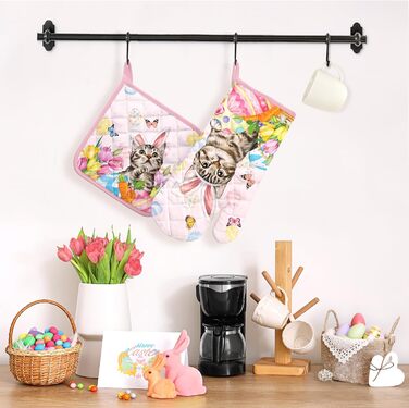 Різдвяний набір із 2 рукавичок для духовки та прихваток Arquiel, 100 бавовняні кулінарні рукавички, термостійкі кухонні рукавички для приготування їжі, різдвяні подарунки для жінок на декор кухні (Великдень 02, рукавички для духовки прихватки)