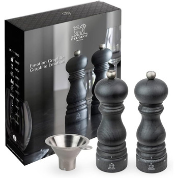Подарунковий набір Line - Млин для перцю Млин для солі 12 см Лійка для спецій - Класичне регулювання помелу - Алюміній Сертифікована деревина PEFC - Вуглецеві кольори (Паризький графіт)