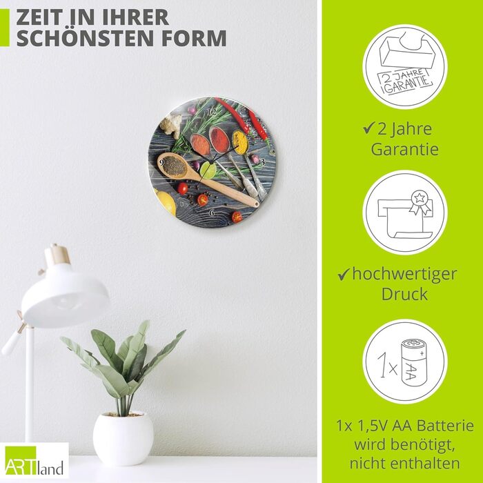 Настінний годинник без цокання Скло Ø 30 см Круглий Безшумний Фрукт Фрукти Апельсин у воді Фрукти Сучасна їжа T5UI (суміш спецій, кварцовий годинник)