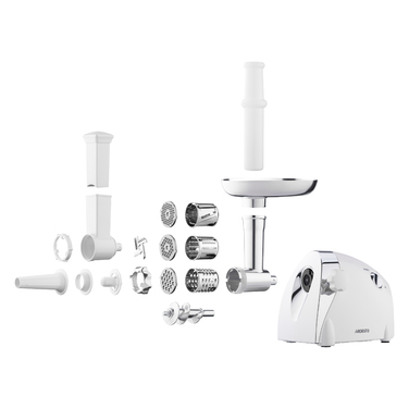 ARDESTO Мясорубка, 2000Вт, продук.-1.9кг/мин, 3 решетки + для ковб., кеббе, 3 терки, пластик, бело-серебристый