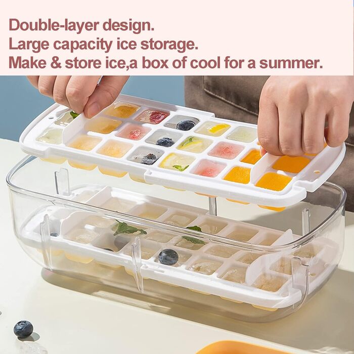 Форма для кубиків льоду, безпечна для харчових продуктів форма для кубиків льоду з кришкою та контейнером, видає всі кубики льоду за одну секунду, 64 кубики льоду (Синя форма для кубиків льоду) (Рожева)