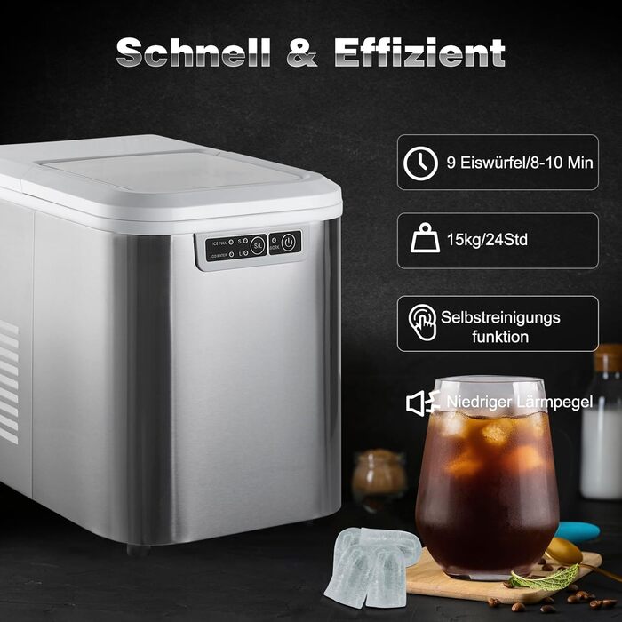 Невеликий льодогенератор WOLTU, 2,2-літровий льодогенератор, самоочисний за 4 хвилини, 2 розміри кубиків льоду, 12 кг льоду за 24 години, льодогенератор для дому, кухні, кемпінгу, автофургона, (сріблястий)