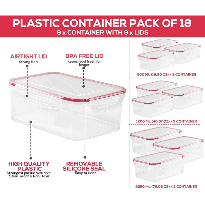 Банки для зберігання з кришками (9 контейнерів, 9 кришок) Контейнери для зберігання продуктів для кухні, кухонний органайзер без бісфенолу А (упаковка з 18 шт. , червоний), 18