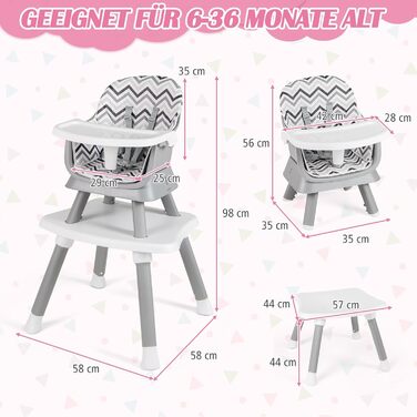 Дитячий стільчик для годування 6-в-1 сірий-білий COSTWAY