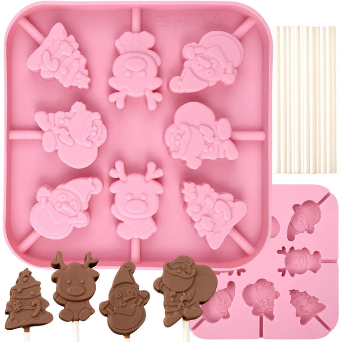 Силіконова форма для шоколаду - 8 отворів, ялинка, олень, сніговик та Санта-Клаус, форми для льодяників на паличці для домашнього шоколаду, цукерок, желе, з 20 паличками (1 упаковка)