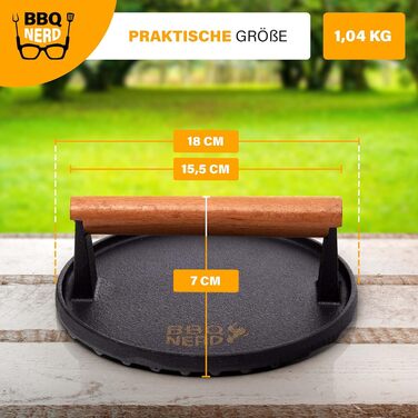 Чавунний прес для м'яса 18 см з дерев'яною ручкою, круглий BBQ Nerd