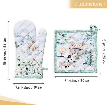 Рукавички для духовки, прихватки для каструль Maison d&39 Hermine, 100 бавовна, термостійкі кухонні рукавички, рукавички для духовки (19 x 33 см) та прихватки для каструль (20 x 20 см) для приготування їжі, Морзін - Рукавички для духовки (19 x 33 см) та п