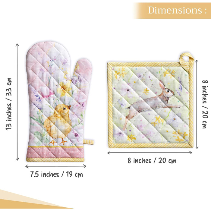 Рукавички для духовки Maison d&39 Hermine, Прихватки для каструль, 100 бавовна, термостійкі кухонні рукавички, рукавички для духовки (19 x 33 см) та прихватки для каструль (20 x 20 см) для приготування їжі, Morzine - Рукавички для духовки (19 x 33 см) та 