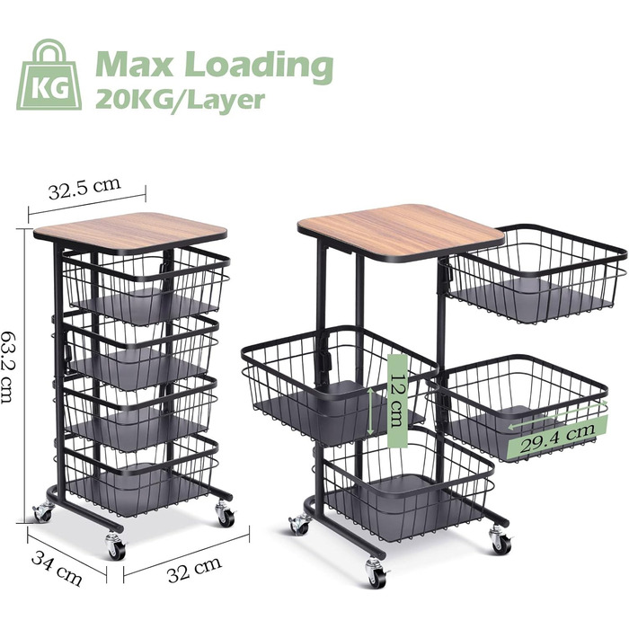 Кухонная тележка APEXCHASER, вращающаяся тележка, 4-уровневая многослойная кухонная полка с колесиками, контейнер для хранения, поворотная корзина для фруктов для кухни, гостиной, офиса, черный