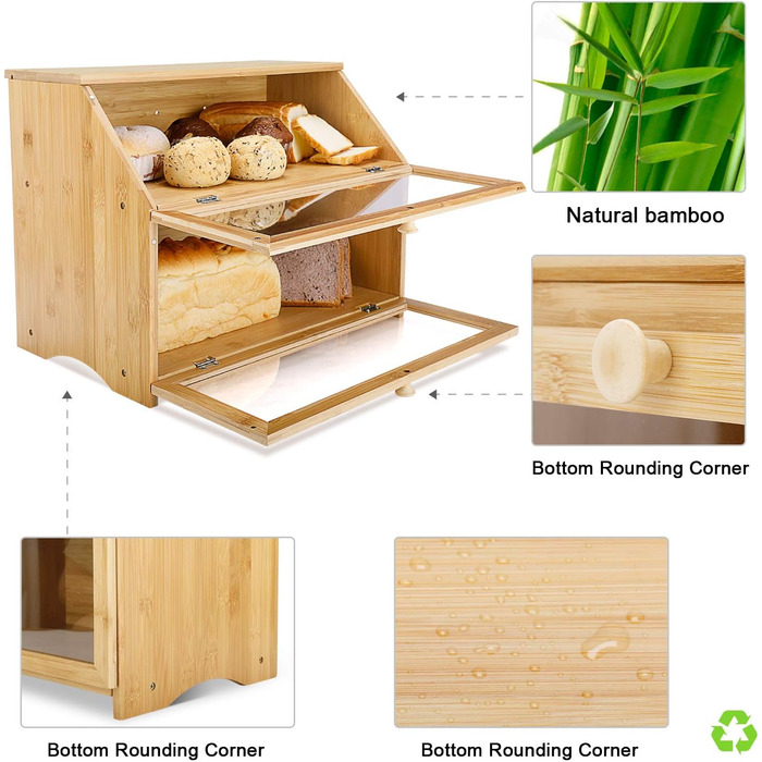 Бамбуковий хлібник Leader Accessories, 2-рівневий контейнер для хліба, безпечний для зберігання хліба, легкий догляд, 39x25x32 см, чорний (39x25x32 см/15,3&39x9,8&39x12,6&39) (Бамбук (39x25x32 см/15,3&39x9,8&39x12,6&39))