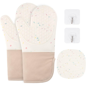 Рукавички для духовки з підставкою під гаряче та гачками, набір 5 предметів, бежеві AUAUY