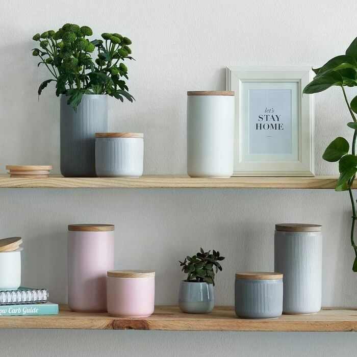 Керамічні банки для зберігання SPRINGLANE 2 шт. Набір з дерев'яною кришкою Sweet Scandi, гумовою дерев'яною кришкою, ящиками для зберігання, ящиками для зберігання продуктів (набір з 4 шт.)