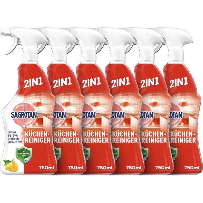 Універсальний засіб для чищення кухні Sagrotan Tangy Lemon дезінфікуючий засіб 2-в-1 для надійного очищення кухонних поверхонь 4 пляшки з розпилювачем по 750 мл (750 мл (6 пляшок))