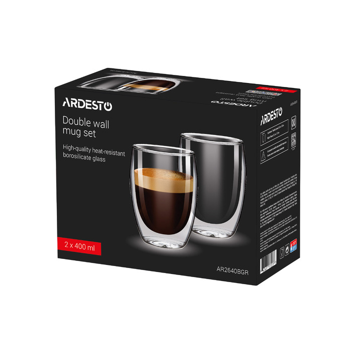 ARDESTO Double Wall Cup Set, 400 мл, H 13,5 см, 2 шт, боросиликатное стекло