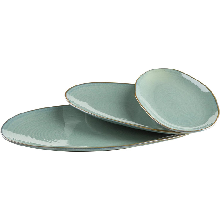 Серія Ноттінгем, набір з 3 сервірувальних тарілок, сервірувальні тарілки 3-х розмірів у вінтажному стилі неправильної форми, керамограніт, бірюзово-зелений