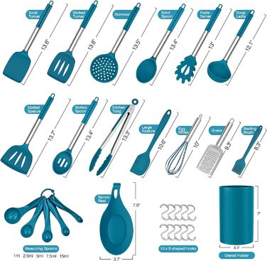 Набор кухонной утвари Herogo из 30 предметов с держателем, набор силиконовой кухонной утвари с ручкой из нержавеющей стали, жаропрочная кухонная утварь, можно мыть в посудомоечной машине, (синий)