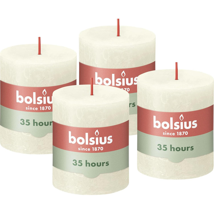 Свічки Bolsius Rustic Pillar - Оливково-зелені - Набір з 4 шт. - Декоративні побутові свічки - Час горіння 60 годин - Без запаху - Натуральний рослинний віск - Без пальмової олії - Оливково-зелені (8 x 7 см, колір слонової кістки)