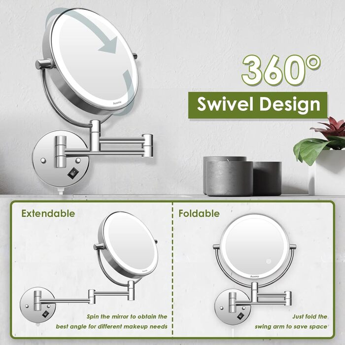 Дзеркало косметичне 20 см настінне з підсвічуванням та 10-кратним збільшенням, сріблясте Vialex