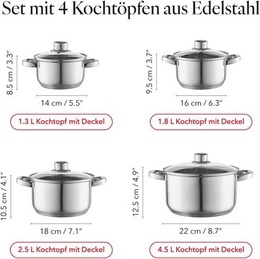 Набір посуду FLORINA 4 предмети Нержавіюча сталь 18/0 Кришка із загартованого скла Для індукційних, газових, електричних та керамічних варильних поверхонь Можна мити в посудомийній машині Високоякісний набір посуду для кожної кухні (8 предметів, Polpo)