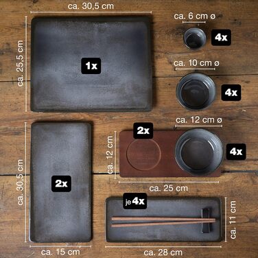 Набір посуду для суші на 4 персони - Сервірувальний набір з 3 шт. тарілкою - 4 шт. тарілками, місо-боул, миска та палички для їжі сірий, 29 шт.