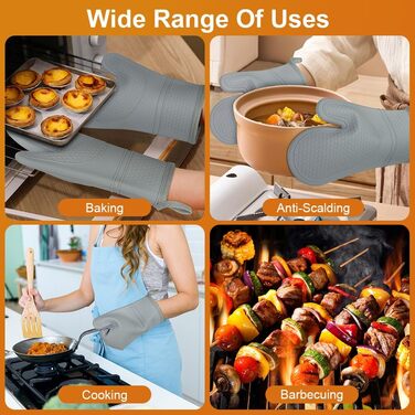 Набір рукавичок для духовки AUAUY, 1 пара силіконових рукавичок для духовки з 2 тримачами для каструль, нековзні кулінарні рукавички, термостійкі рукавички для духовки, рукавички для кухні, приготування їжі, випічки, гриля, барбекю (сірі)