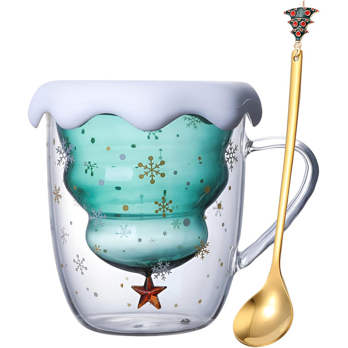 Милий різдвяний подарунок у вигляді кухля Syfunlv, різдвяні скляні чашки з подвійними стінками, кришкою та ложкою, чашка для еспресо, різдвяна чашка Грінча, склянки для чаю, чашка для молока, кавові чашки у формі ялинки (стиль 1)