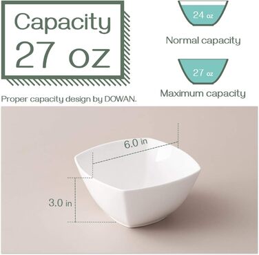 Мл Пластівці Набір з 6 шт. , білі квадратні миски для супу, порцелянові сервірувальні миски для закусок, салат, макарони, десерт, варення, можна мити в посудомийній машині та мікрохвильовій печі, 770