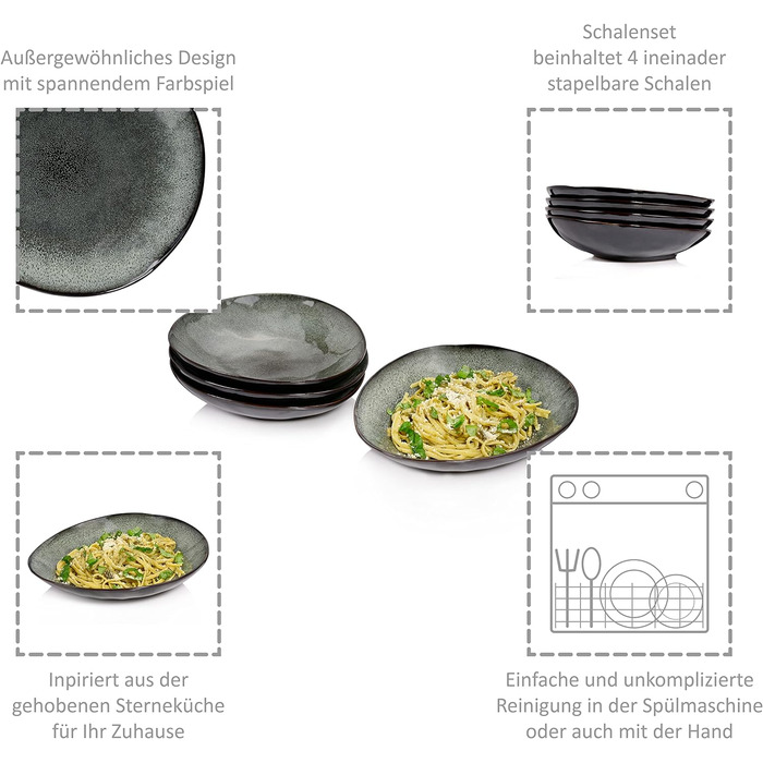 СПІВАЧКА Набір тарілок Копенгаген 12 шт. , Набір посуду з керамограніту 4 персони, Обідній сервіз в т.ч. Обідні тарілки, Тарілки для сніданку та глибокі тарілки, Набір обідніх тарілок Можна мити в посудомийній машині, Столовий сервіз Green Grey (Макарони 