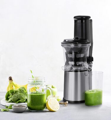 Дизайн повільної соковижималки, результат тесту 'Дуже добре', соковижималка для фруктів, овочів і зелені, великий завантажувальний отвір 75 мм Ø для цілих фруктів, з ситом для соку і сорбету, чорний, нержавіюча сталь, 500 -