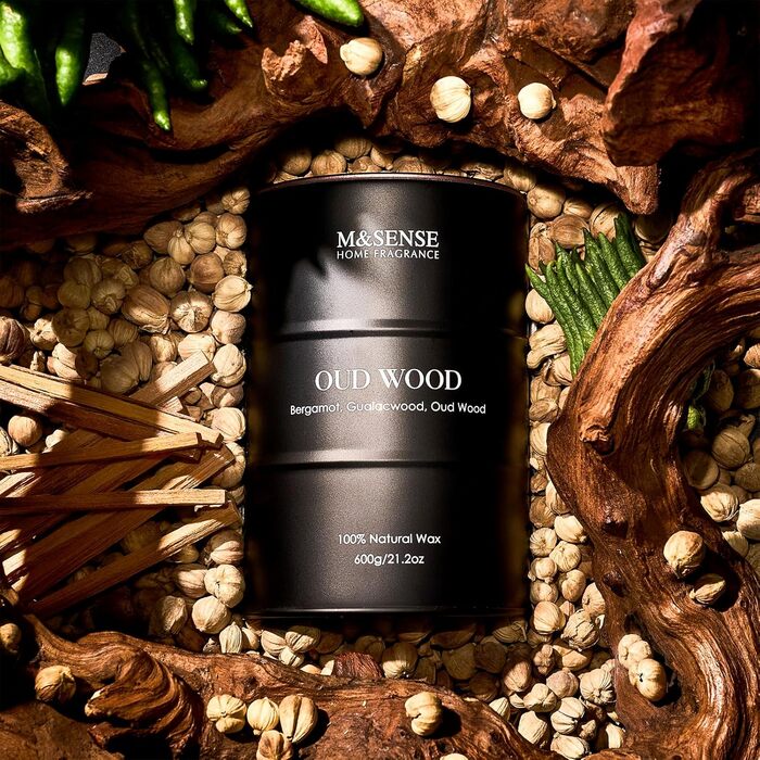 Ароматичні свічки M&SENSE з натурального соєвого воску, натуральна соєва свічка для домашнього декору, тривалий час горіння до 70 годин, стильні подарунки-свічки для чоловіків і жінок (600 г, дерево уд)