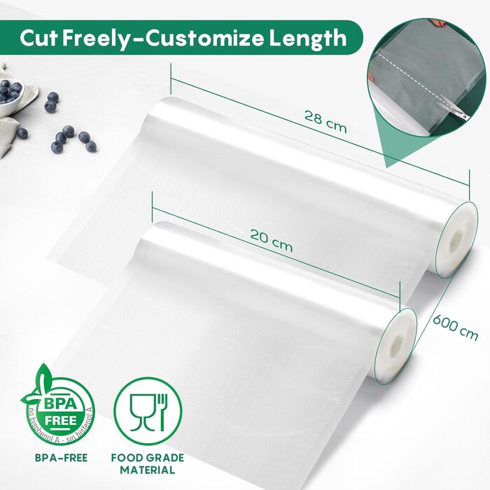 Вакуумні пакети FRESKO, 2 рулони, 28 x 600 см, професійні пакети для вакуумного пакування, розмір підходить для всіх вакуумних пакувальників, без BPA, тиснені повітряні канавки, пакети для заморожування методом су-від (2 рулони 28 x 600 см 2 рулони 20 x 6