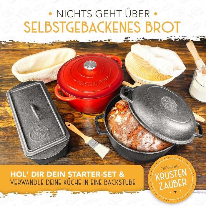 Форма для випікання хліба KRUSTENZAUBER з кришкою та кошиком для розстойки - міцна чавунна форма для випікання 28 см - ідеально підходить як форма для хліба, форма для випічки тостів, форма для хліба, чавунна каструля, аксесуари для випікання хліба, горщи