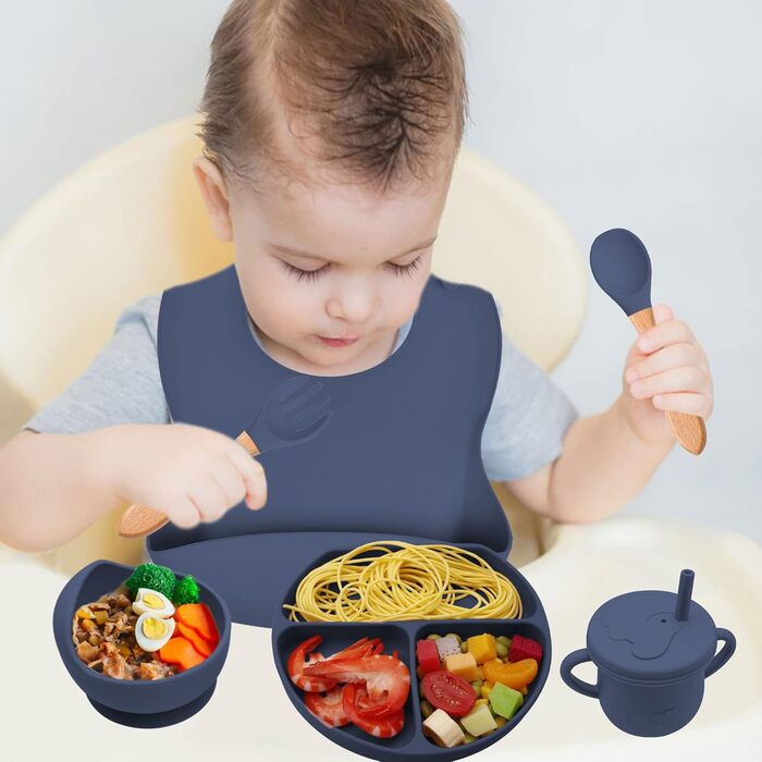 Набір дитячого столового посуду 5 предметів Силіконовий набір дитячого столового посуду Нековзна дитяча тарілка з присоскою Миска Нагрудник Ложка Виделка Набір дитячого харчування для маленьких дівчаток без бісфенолу А, (темно-синій)
