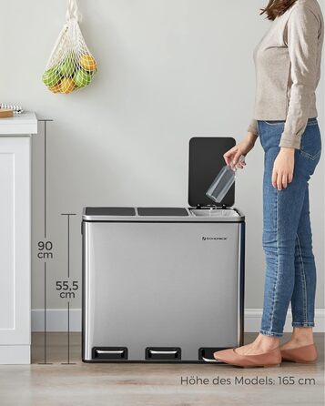 Кухонний контейнер для сміття SONGMICS, 3 x 18 л, система розділення сміття з 3 відділеннями, включаючи 15 мішків для сміття, відро для сміття, відро для сміття на педалі, для перероблених відходів, органічних відходів, з кришкою, LTB54BK (сріблястий мета