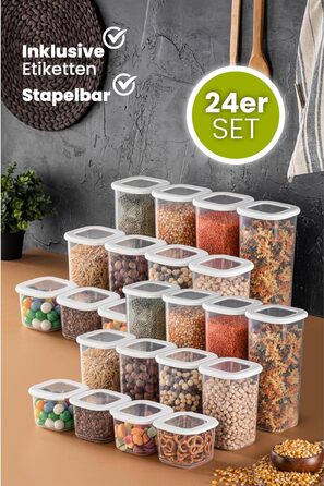 Герметичні банки для зберігання Viwares з кришками Набір з 24 контейнерів для зберігання БЕЗ БІСФЕНОЛУ А Для зберігання борошна та цукру в мюслі Практичний ящик для зберігання кухні для всіх продуктів (набір з 24 білих)