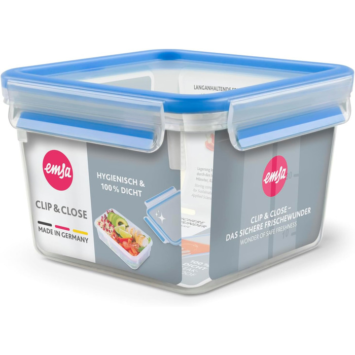 Набір контейнерів для зберігання продуктів EMSA Clip & Close, прямокутні, 5 x 0,8 л, коробки для зберігання, 100 герметичні, придатні для миття в посудомийній машині, морозильної камери та мікрохвильової печі, прозорі, сині, зроблені в Німеччині, N10307 (