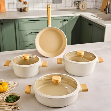 Набір каструль з антипригарним покриттям 7 предметів бежевий Swiss Crystal Karaca