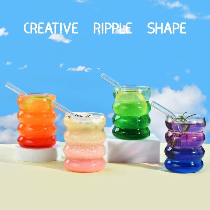 Набор из 4 ребристых стаканов со стеклянными трубочками 350 мл ALINK