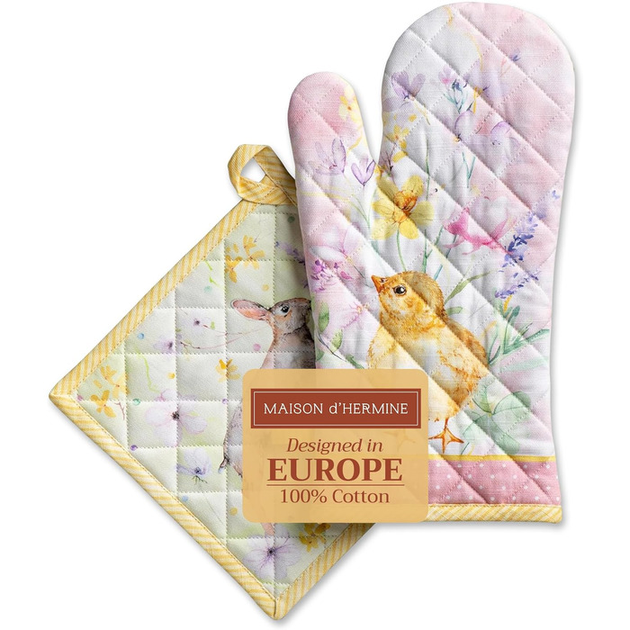 Рукавички для духовки Maison d&39 Hermine, Прихватки для каструль, 100 бавовна, термостійкі кухонні рукавички, рукавички для духовки (19 x 33 см) та прихватки для каструль (20 x 20 см) для приготування їжі, Morzine - Рукавички для духовки (19 x 33 см) та 