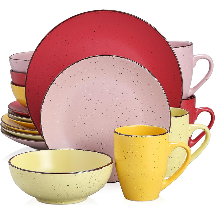 Столовий сервіз з керамограніту, набір посуду vancasso MODA, вінтажний зовнішній вигляд, комбінований сервіз з 40 предметів з 8 обідніми тарілками, тарілками для тортів, суповими тарілками, мисками та чашками кожна (барвистий, комбінований сервіз 16 шт. )