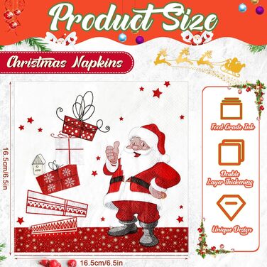 Різдвяні серветки Санта Клаус Паперові серветки 13 x 13 дюймів Традиційні паперові серветки Різдвяні серветки Декоративна паперова прикраса для прикраси святкового столу (Санта Клаус), 32
