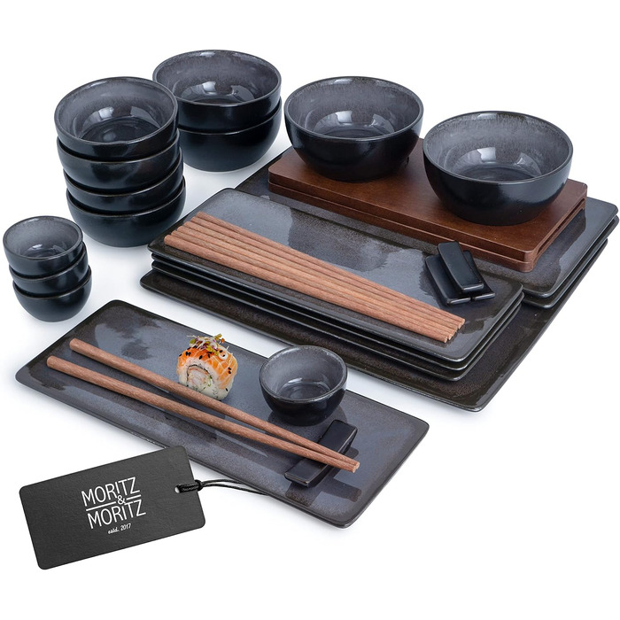 Набір посуду для суші на 4 персони - Сервірувальний набір з 3 шт. тарілкою - 4 шт. тарілками, місо-боул, миска та палички для їжі сірий, 29 шт.