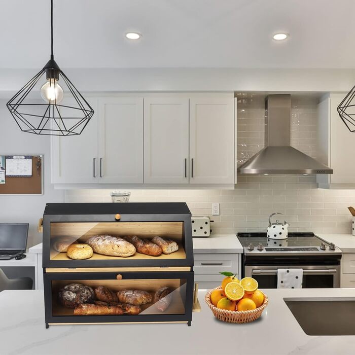 Хлібниця Leader Accessories з бамбука, 2-ярусна, для безпечного зберігання хліба, легкий догляд, 39x25x32 см, чорна (39x25x32 см/15,3&39x9,8&39x12,6&39) (чорна (50x25x37 см/19,7&39x9,8&39x14,5&39))