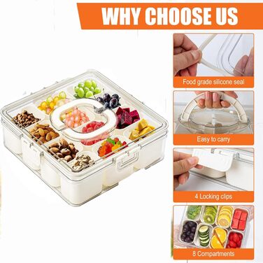 Сервірувальна тарілка у формі миски для закусок, контейнер для подачі солодощів та горіхів із пластику з кришкою з 8 відділеннями, тарілка для закусок, фруктова тарілка, ящик для зберігання десертів, спецій (12 відділень)