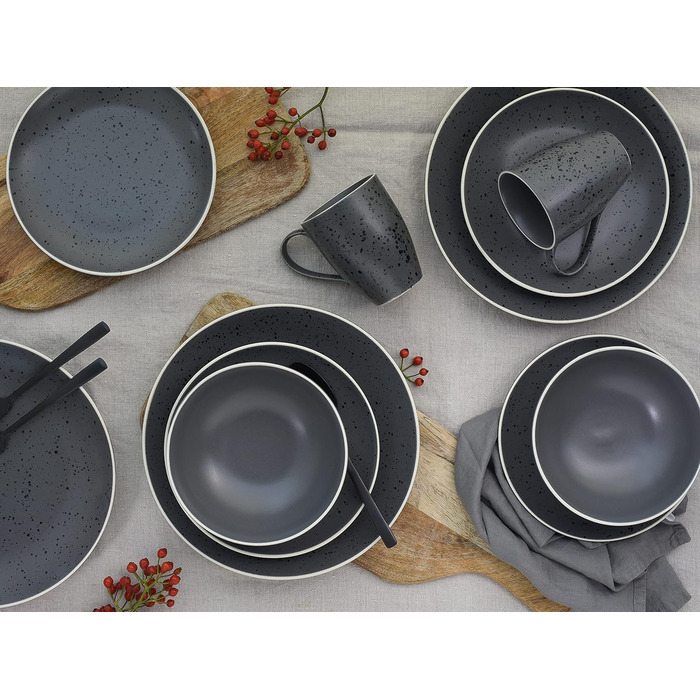 Набір посуду Industrial Series з 16 предметів, комбінований сервіз керамограніту (антрацит, комбінований набір з 16 предметів), 22699
